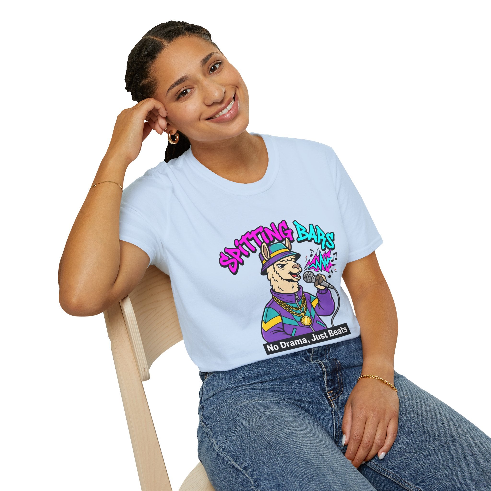 T-Shirt — "Spitting Bars" Llama Rap Graphic Tee (No Drama, Just Beats)