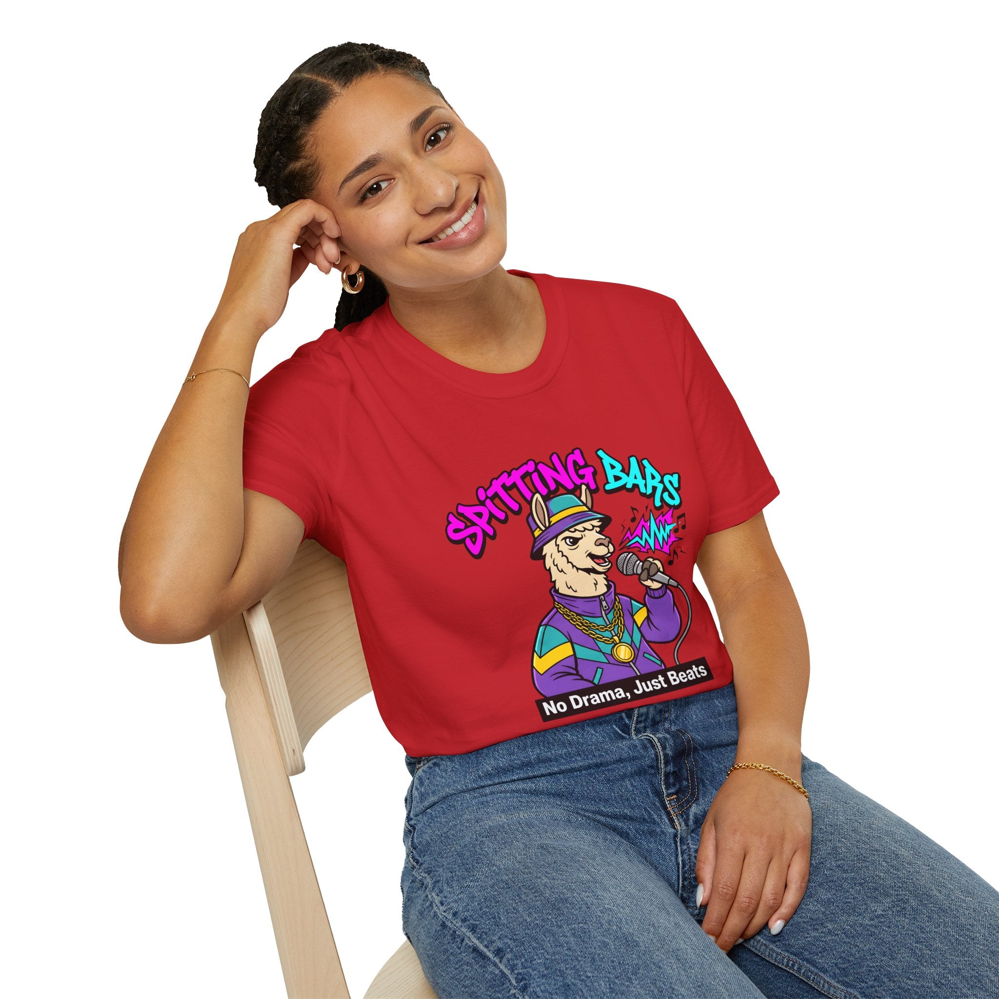 T-Shirt — "Spitting Bars" Llama Rap Graphic Tee (No Drama, Just Beats)