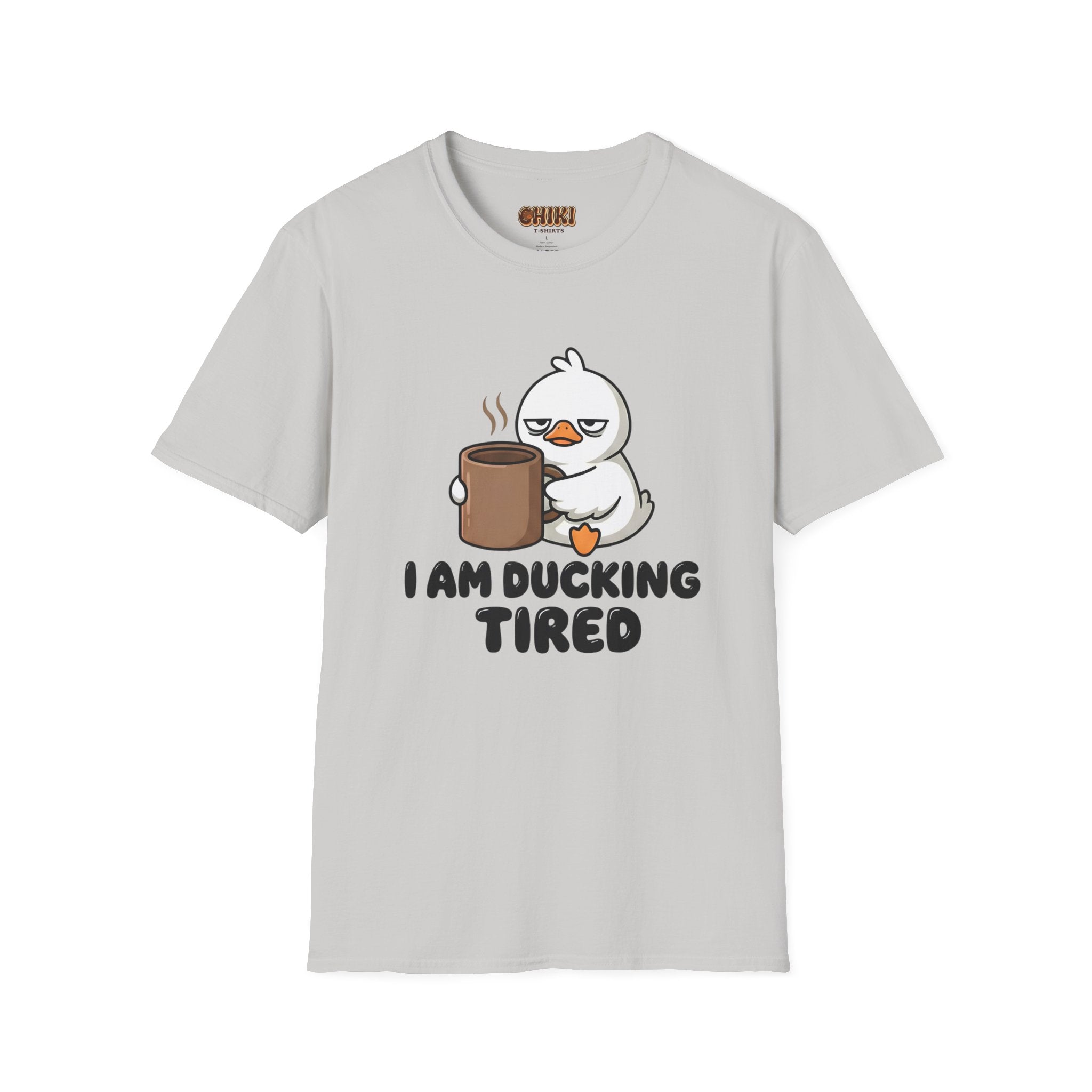 I Am Ducking Tired Tee — Cute Coffee Duck Graphic T-Shirt