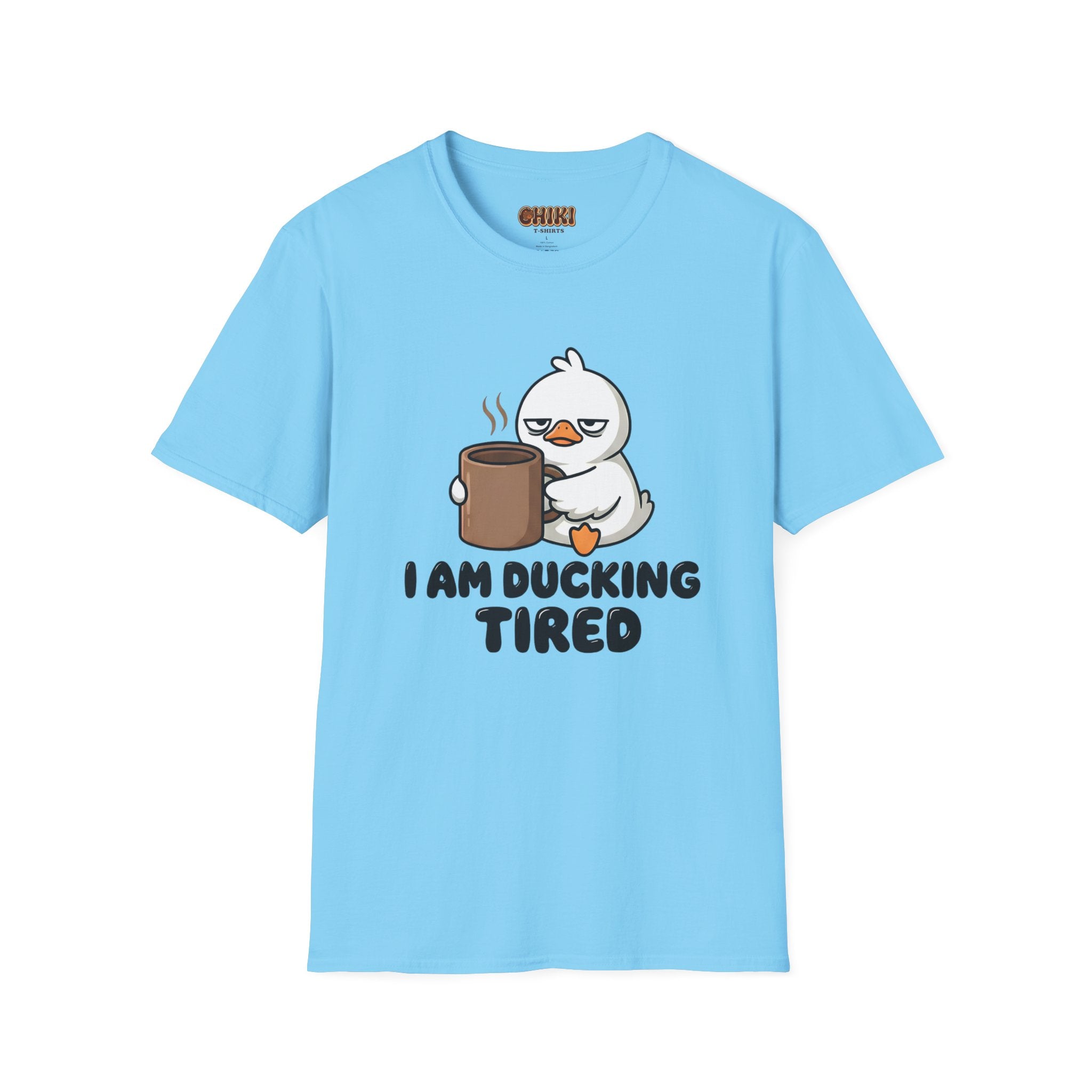 I Am Ducking Tired Tee — Cute Coffee Duck Graphic T-Shirt