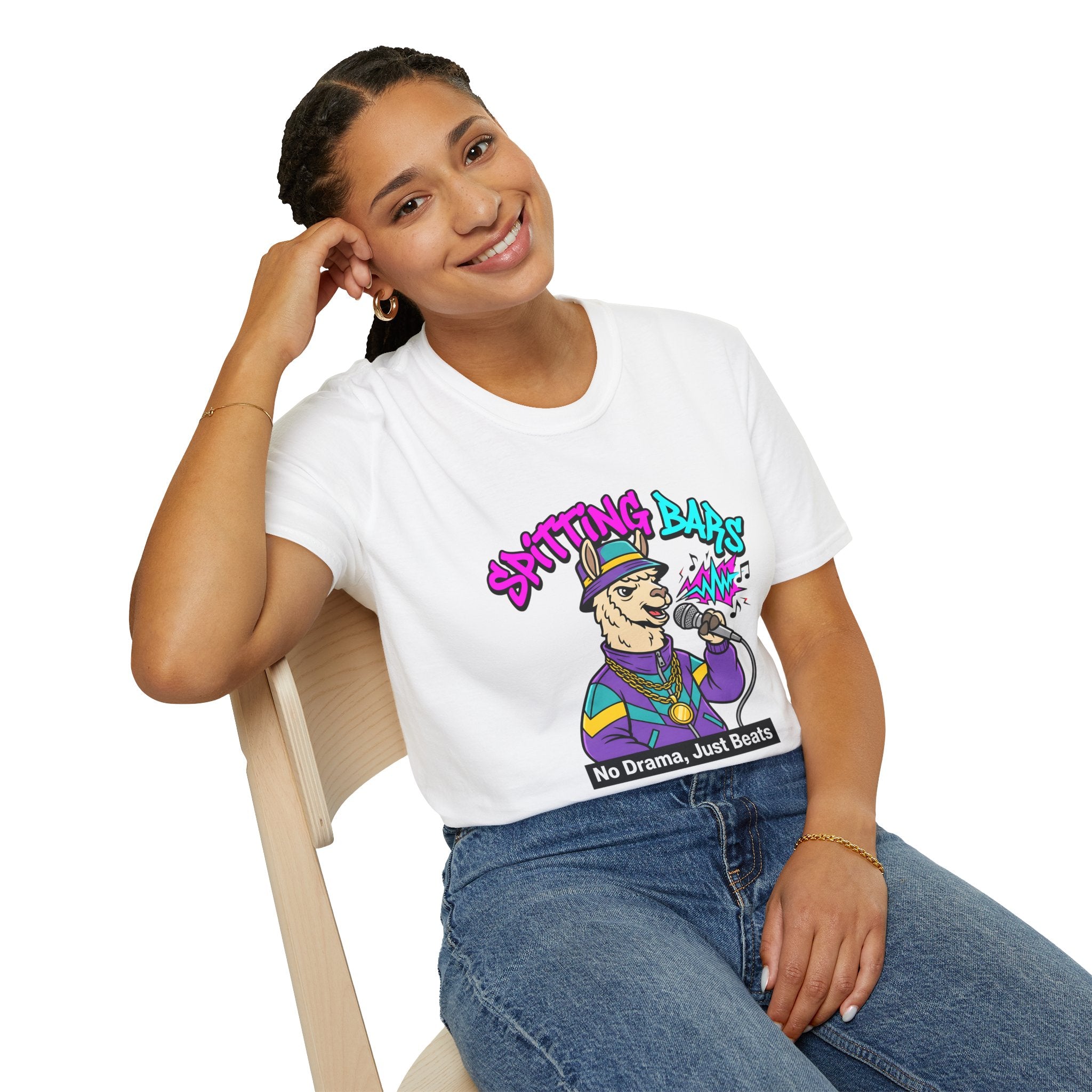 T-Shirt — "Spitting Bars" Llama Rap Graphic Tee (No Drama, Just Beats)