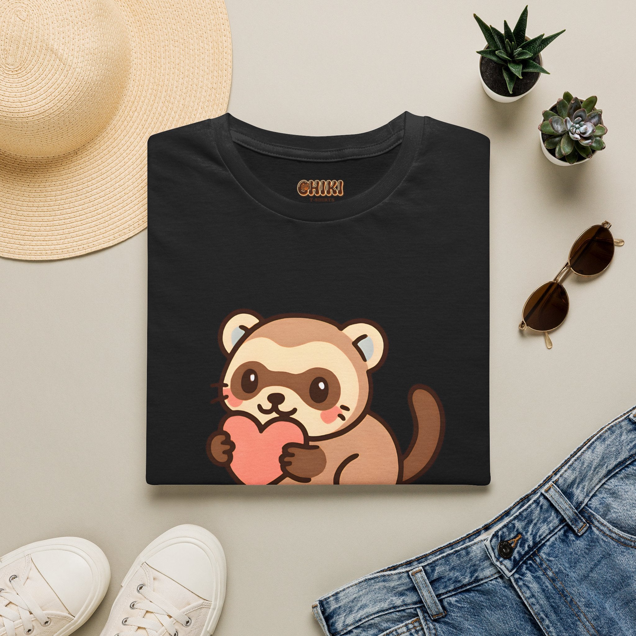Ferret Lover T‑Shirt — Cute Cartoon Ferret Holding Heart Tee