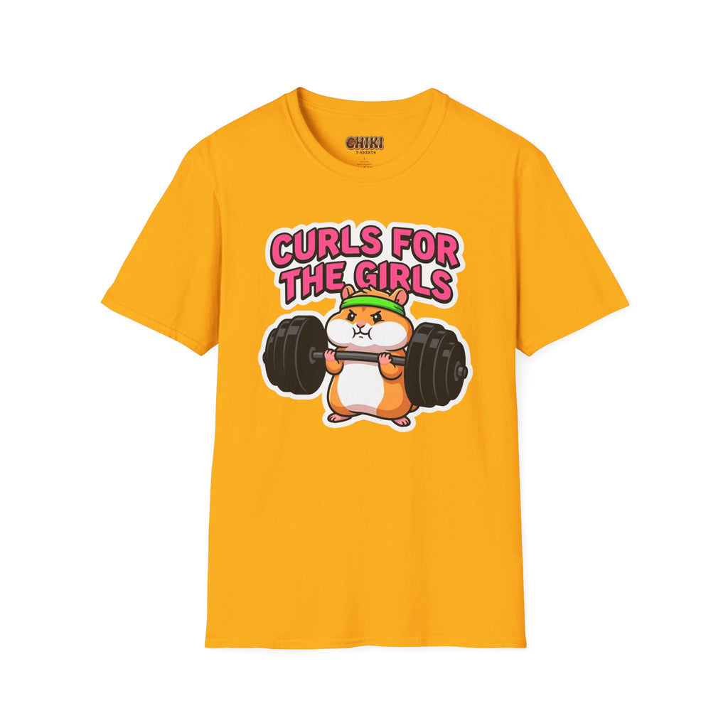 T-Shirt — "Curls for the Girls" Cute Hamster Weightlifting Graphic