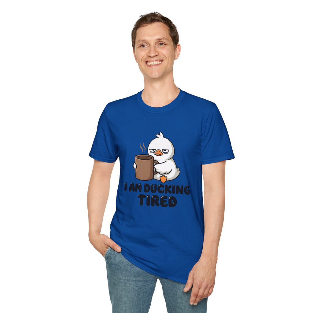 I Am Ducking Tired Tee — Cute Coffee Duck Graphic T-Shirt
