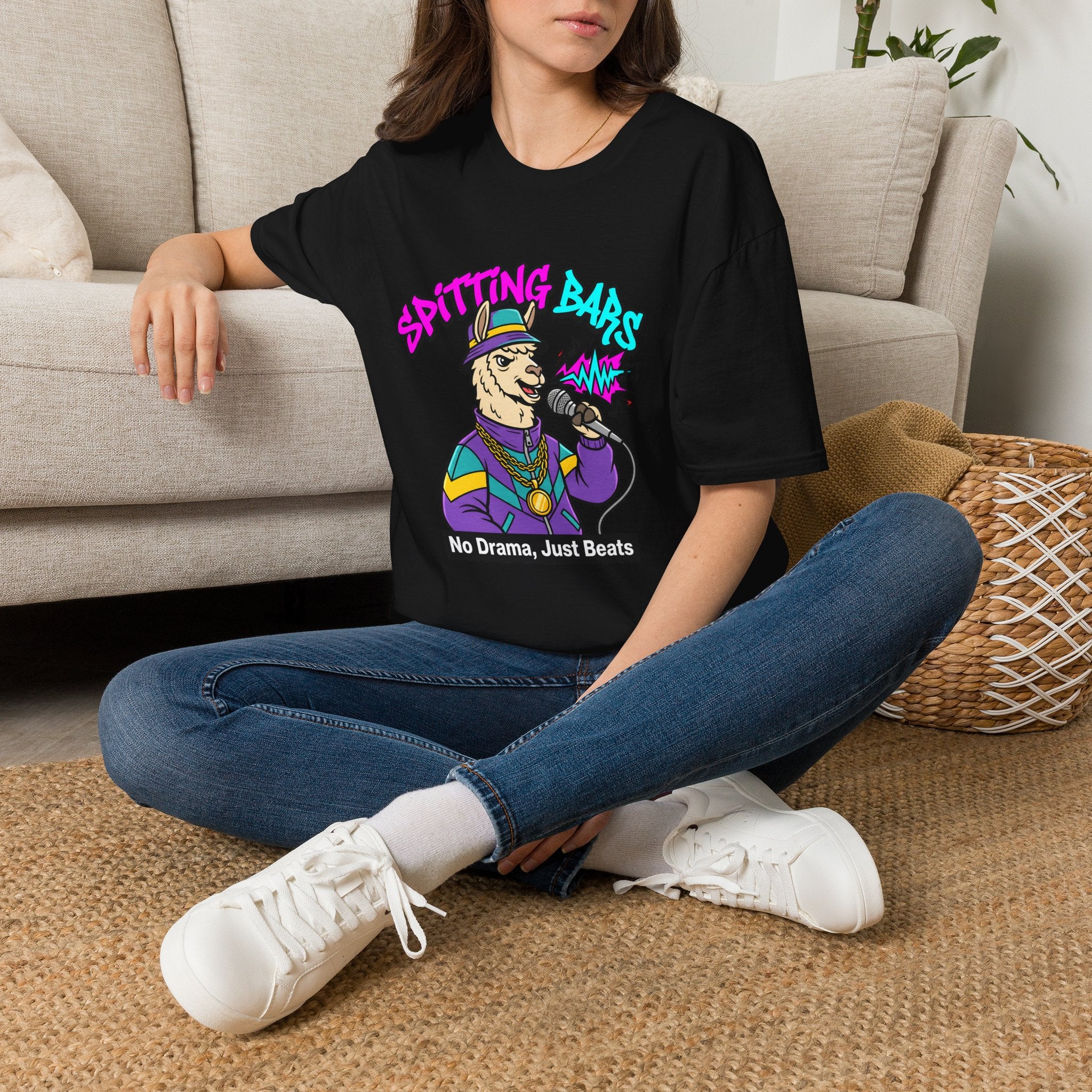 T-Shirt — "Spitting Bars" Llama Rap Graphic Tee (No Drama, Just Beats)