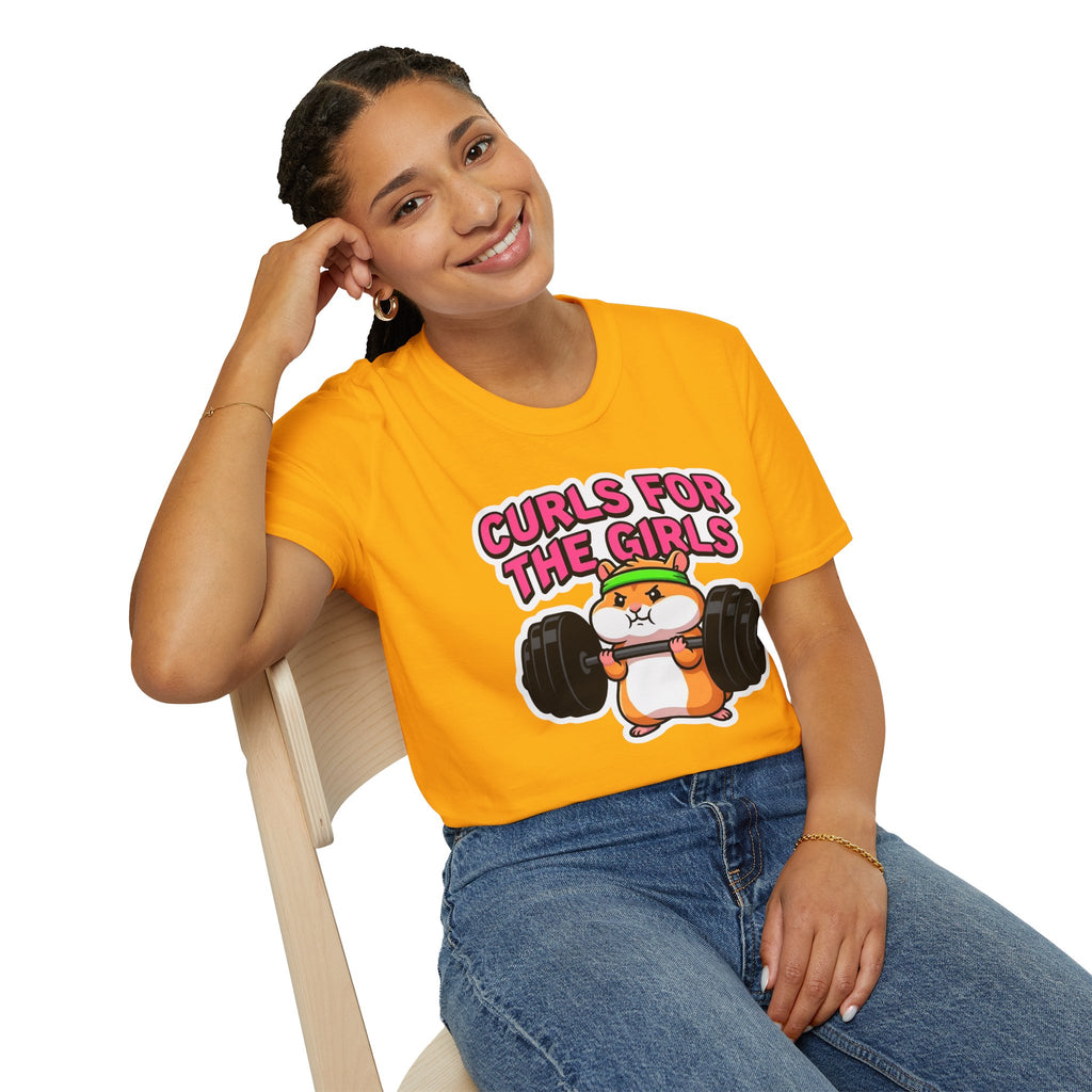 T-Shirt — "Curls for the Girls" Cute Hamster Weightlifting Graphic