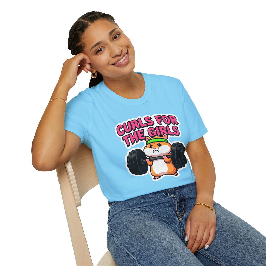T-Shirt — "Curls for the Girls" Cute Hamster Weightlifting Graphic