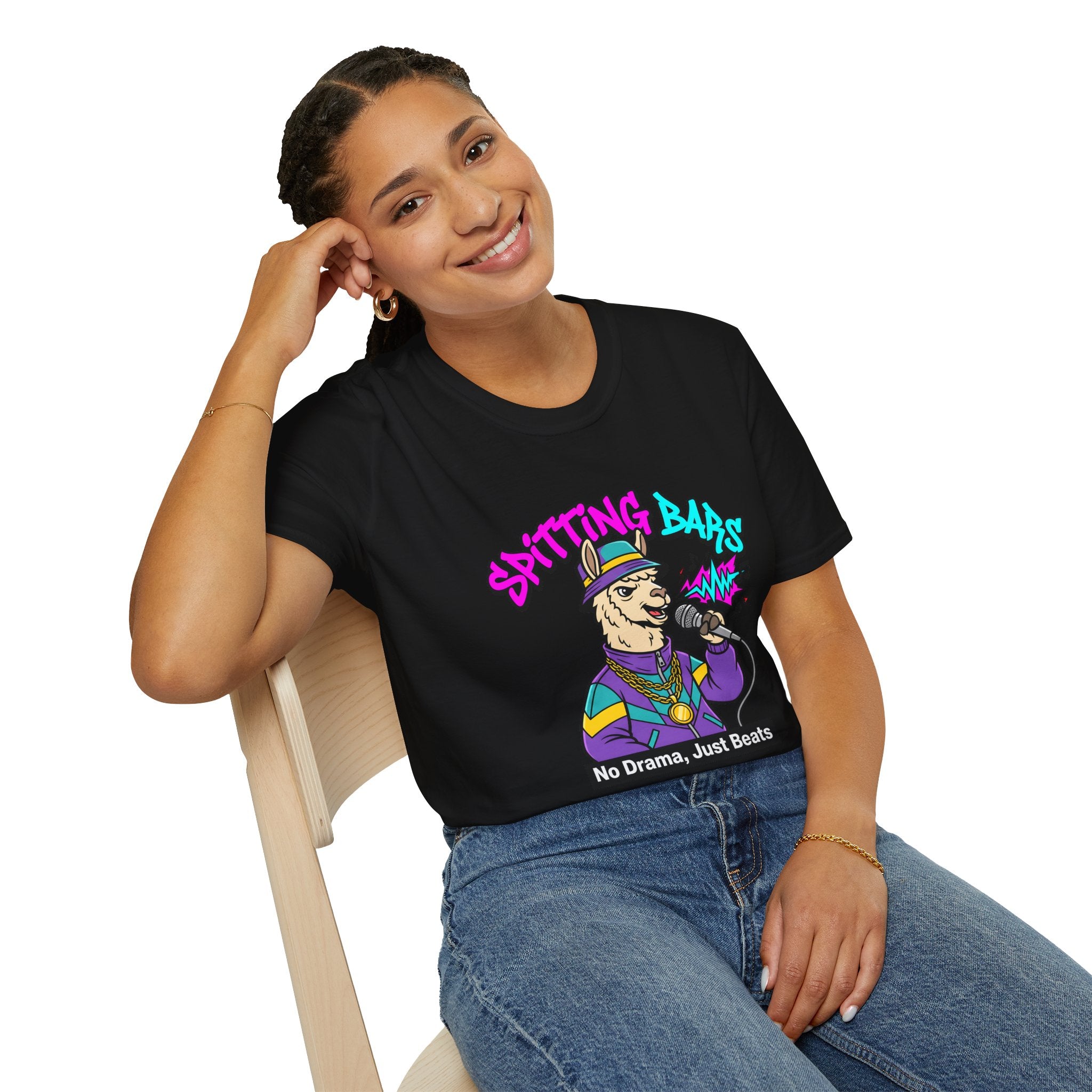 T-Shirt — "Spitting Bars" Llama Rap Graphic Tee (No Drama, Just Beats)