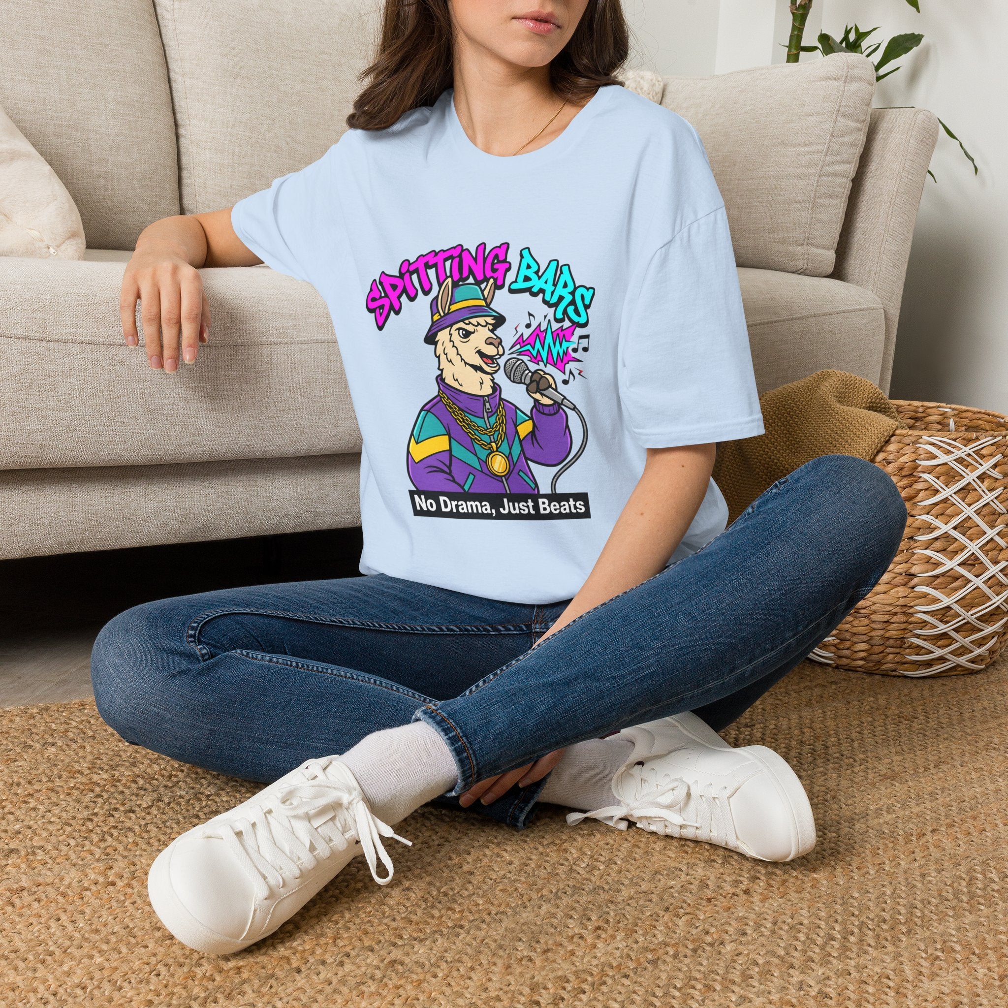 T-Shirt — "Spitting Bars" Llama Rap Graphic Tee (No Drama, Just Beats)