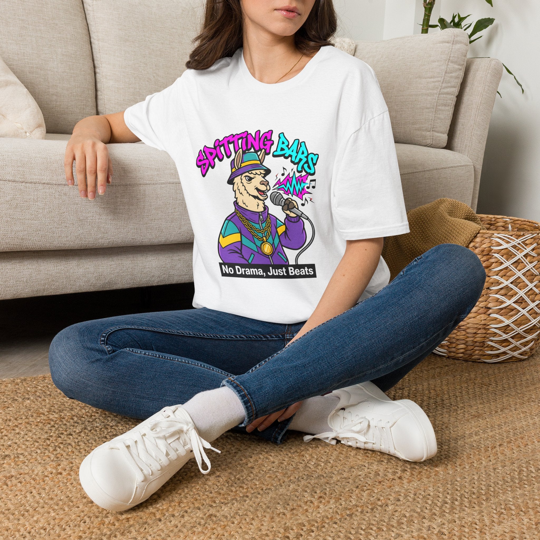 T-Shirt — "Spitting Bars" Llama Rap Graphic Tee (No Drama, Just Beats)