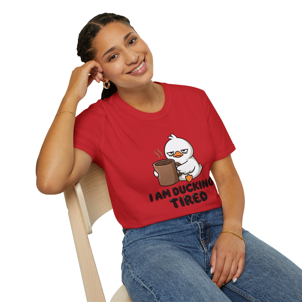 I Am Ducking Tired Tee — Cute Coffee Duck Graphic T-Shirt