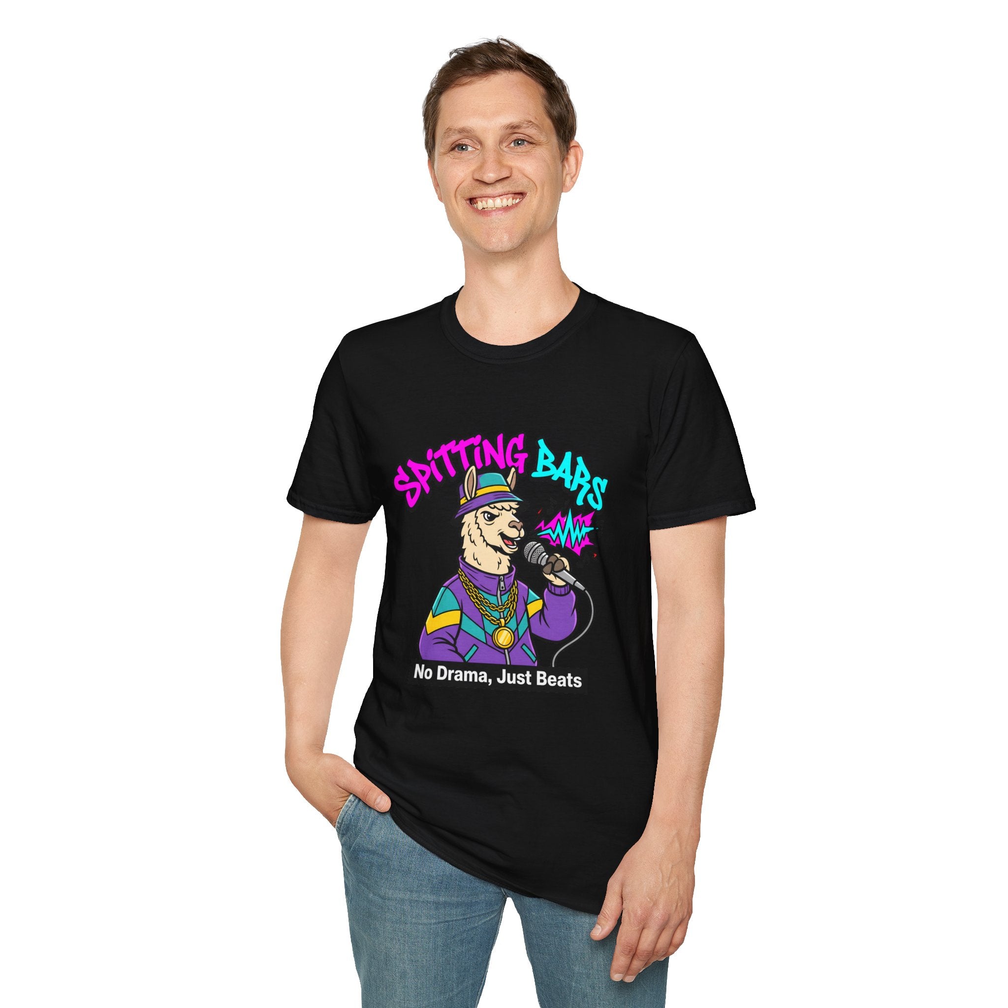 T-Shirt — "Spitting Bars" Llama Rap Graphic Tee (No Drama, Just Beats)